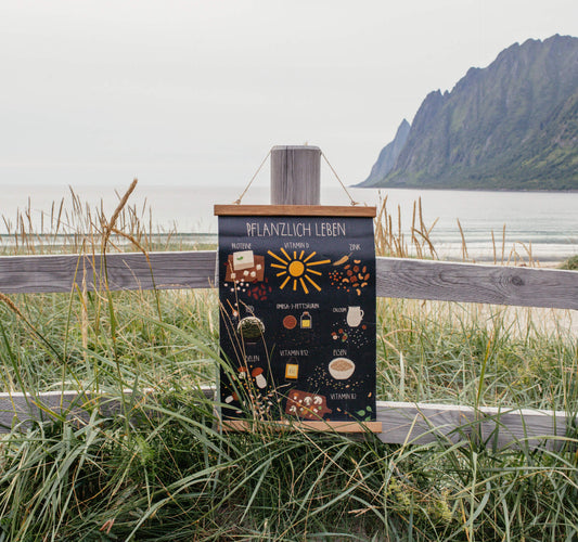 Das Pflanzlich leben mit allen wichtigen veganen Nährstoffen hängt mit der passenden Posterleiste an einem Holzstamm am Strand in Norwegen.