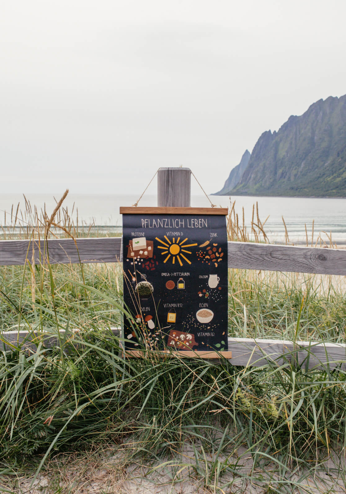 Das Pflanzlich leben mit allen wichtigen veganen Nährstoffen hängt mit der passenden Posterleiste an einem Holzstamm am Strand in Norwegen.