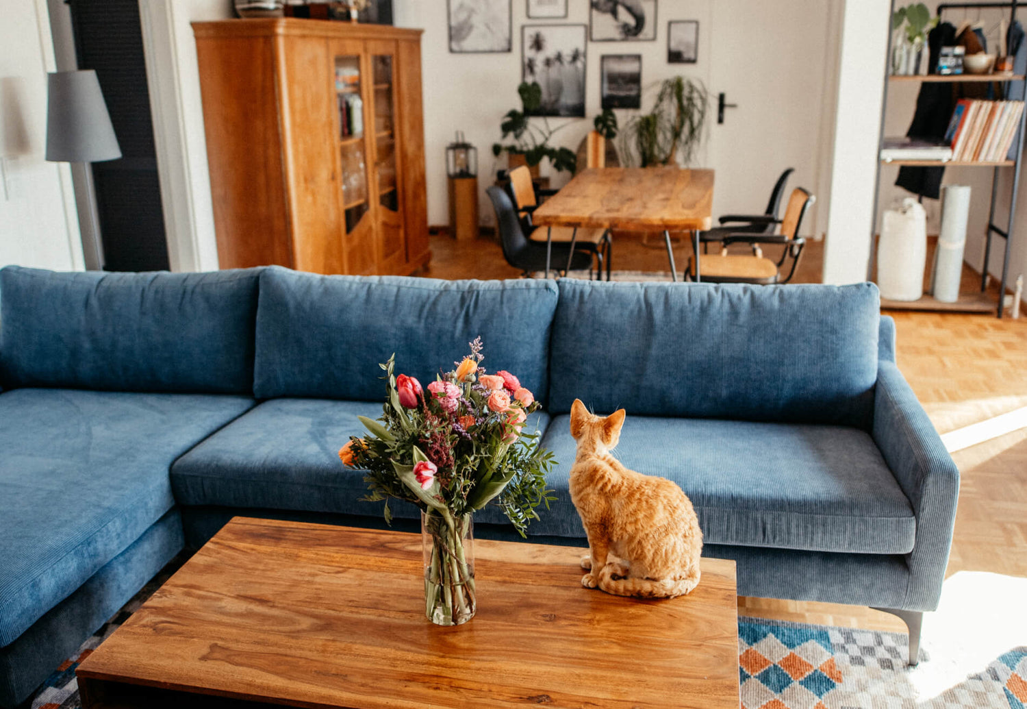 Angies und Saschas Wohnzimmer. Blumentstraus und Katze sitzen auf dem Wohnzimmertisch.
